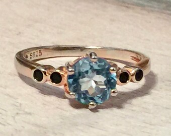 Blue Topaz Ring Black Patina Casual Commitment Ring Wide Band Tapered Waves Spirals Silver Gold Fusion Handmade in BC Canada
