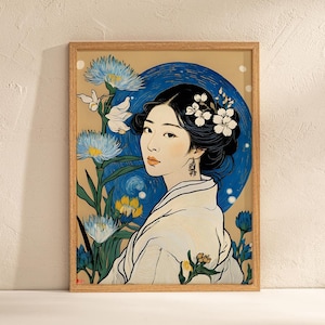 Poster Porträt einer Frau im blauen Kimono im Sternenhimmel-Stil von Van Gogh Hoshi, originale Innendekorationsarbeit, digitale Datei