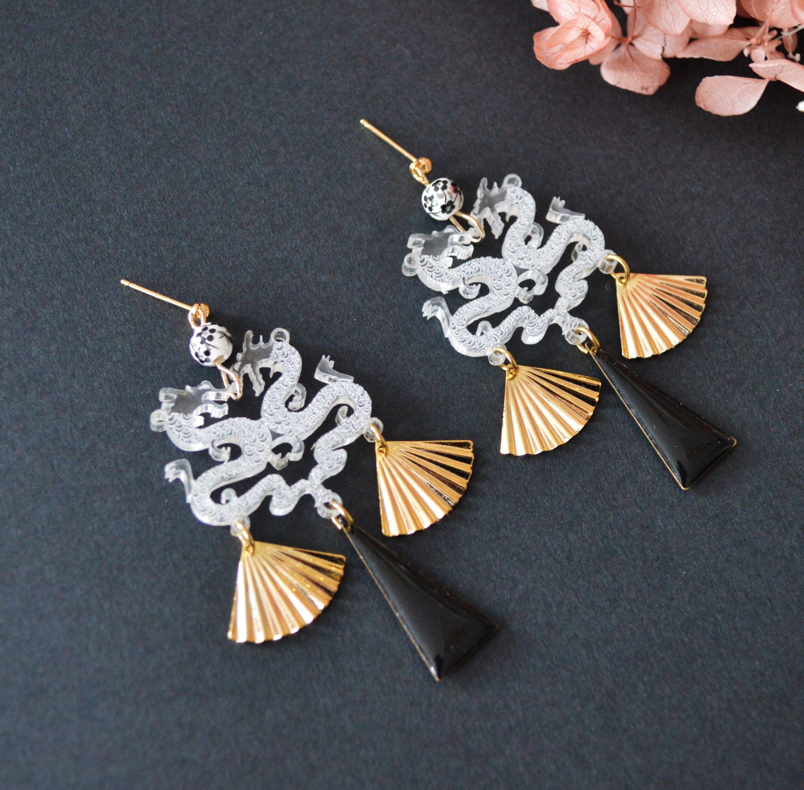 Dragon Earrings And Fans Gold And Black Japanese Jewelry Etsy India