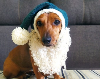 Knit Christmas Dog Santa Hat with Snood, Holiday Costume