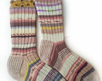 Rainbow long socks, Sassy Socks, Hand knit wool socks, Crazy Socks, Warm socks, Lavender Socks, Colorful striped socks, Boho style socks