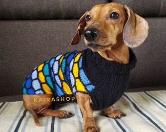 Multicolored Honeycomb Dog's Sweater with Turtleneck Handmade Dog Sweater Wool Dog Pullover Dog Jacket Sweater for Dachshund