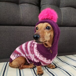 Hoodie for dachshund with fur pompon knitted dog pullover handmade warm wool sweater for dog hoodie for dog dog sweater image 1