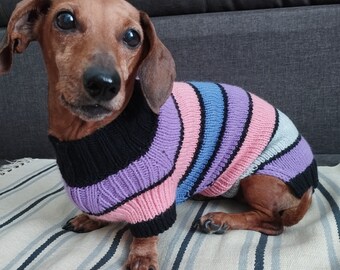 Regenbogen-Hundepullover, Regenbogen-Strick, handgefertigter Hundepullover, gestreift, Wolle, Hundepullover, Hundemantel, Hundejacke, Kleidung für Haustiere, Haustierbekleidung