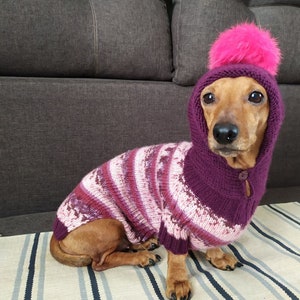 Hoodie for dachshund with fur pompon knitted dog pullover handmade warm wool sweater for dog hoodie for dog dog sweater image 5