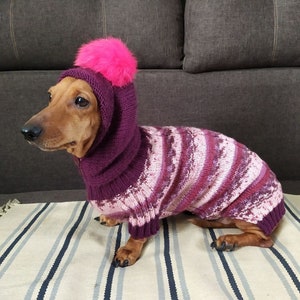 Hoodie for dachshund with fur pompon knitted dog pullover handmade warm wool sweater for dog hoodie for dog dog sweater image 3
