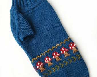 May include: A teal blue knitted pet sweater with a ribbed collar and sleeves. The sweater features a row of embroidered mushrooms with red caps and brown stems, accented by yellow and green details.