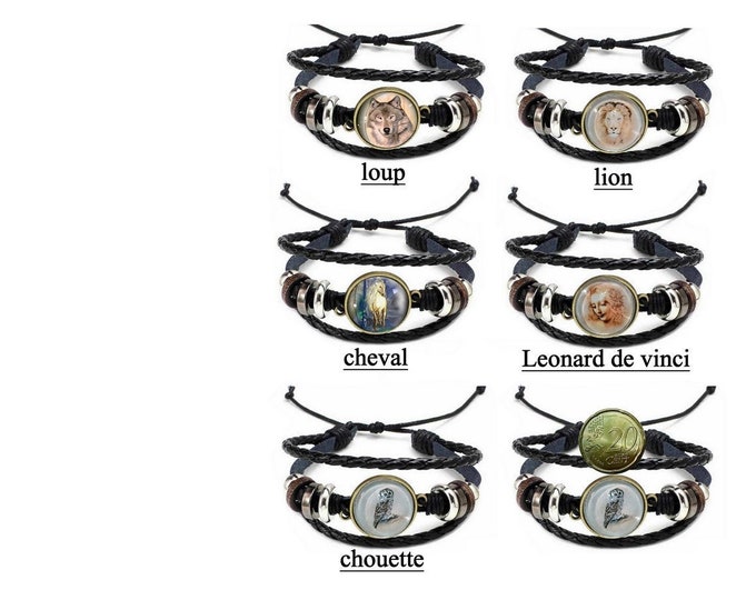 Leather Bracelet Horse/wolf/Lion/Owl/leonardo da vinci