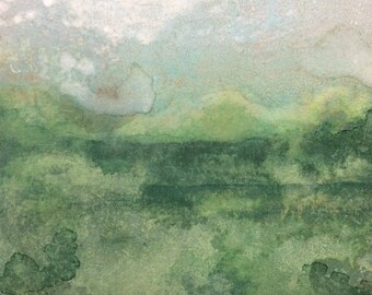 PRINT - Green Views  - 12 cm Print, 23cm Mounted - Wrapped - Lisa Dear Artworks - Sky - River - Landscape