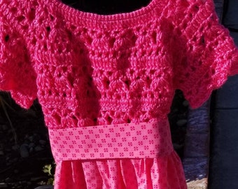 Crochet Baby Girl 2-3 year old dress with fabric. Easter, Spring dress