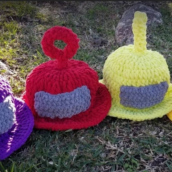 Teletubbies inspired Crochet bucket hat, Care Bear inspired, Rave hat Red, Yellow, Green, Purple