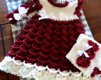 Crochet Baby Girl Crimson and White Dress with Diaper Cover and Headband