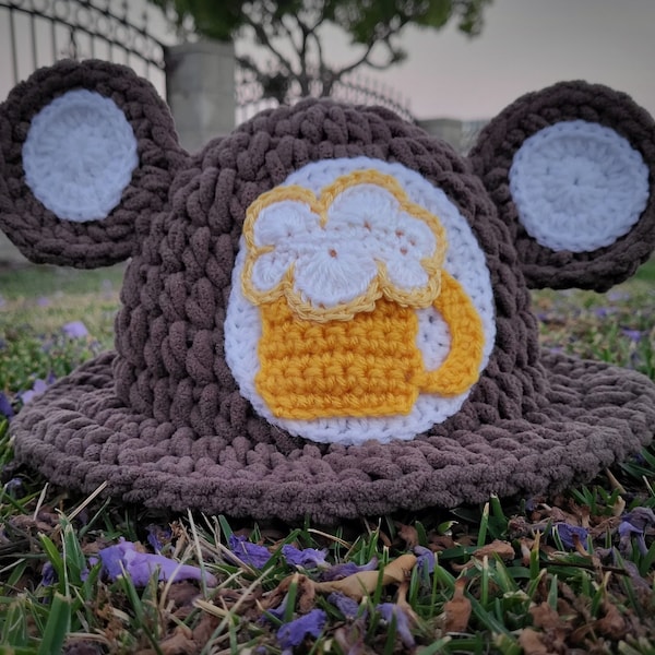 BEER Care Bear, Brown Crochet bucket hat, Care Bear inspired, Rave hat