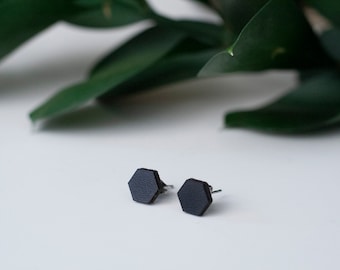 Black Leather Hexagon Studs | Geometric Studs | Leather Earrings | Lightweight Earrings | Lasercut Leather | Gifts under 20