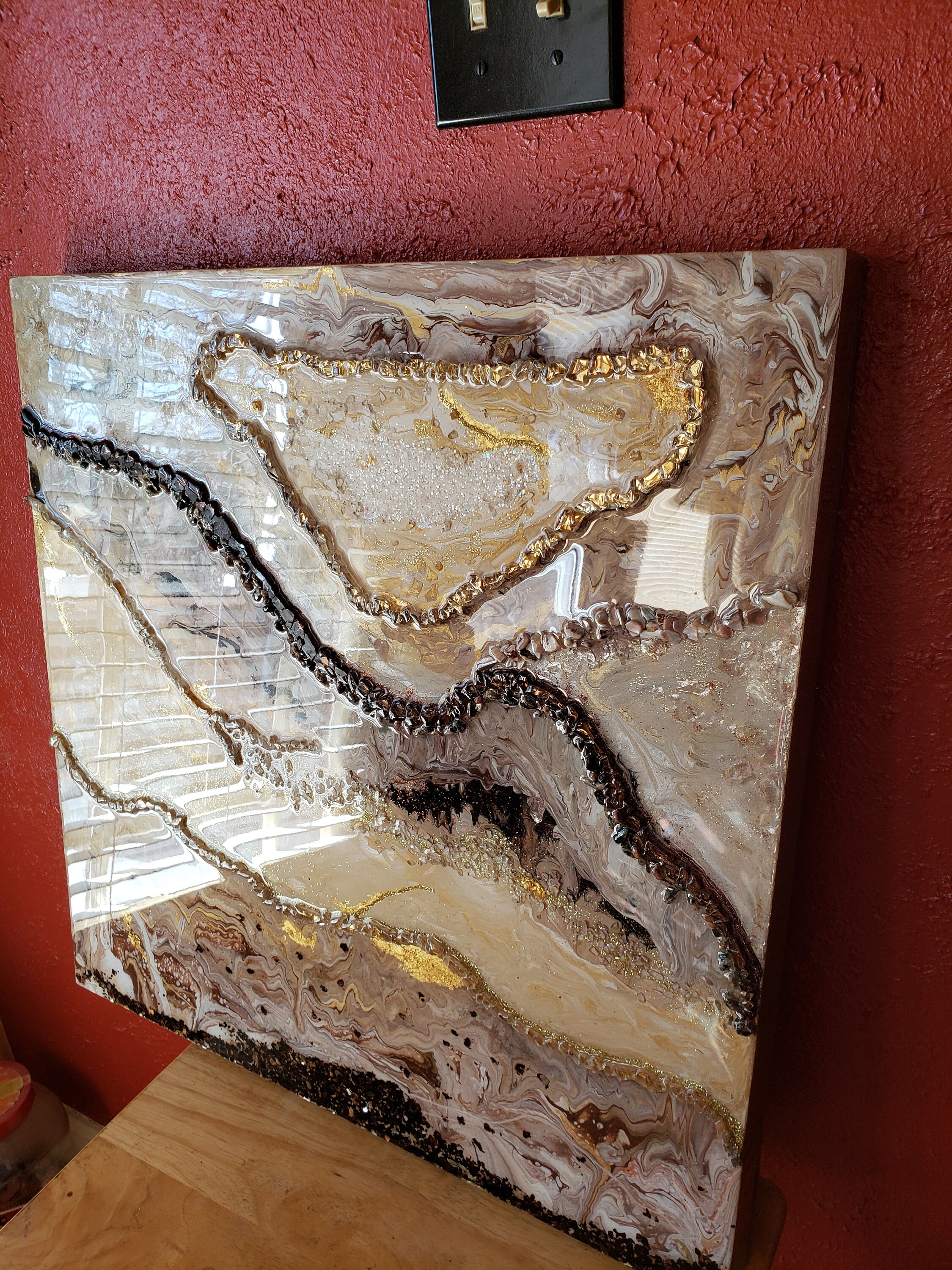 Gold glass and glitter resin art panel Etsy
