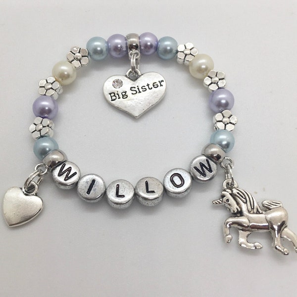 Niece gift personalised charm bracelet. Unicorn, Mermaid, Flower girl, Big sister , Fairy, Cousin present etc 30+ colours inc bag & tag.