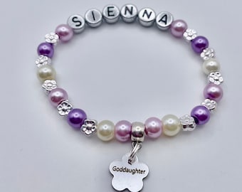 Goddaughter gift, christening present, Baptism, Newborn baby personalised CHARM BRACELET, 30+ colour choice inc gift bag & tag