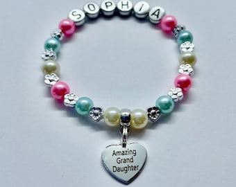 Granddaughter personalised CHARM BRACELET, personalized girls name gift, 30+ colour choice inc gift bag & tag