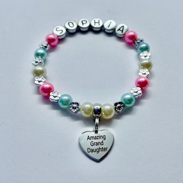 Granddaughter personalised CHARM BRACELET, personalized girls name gift, 30+ colour choice inc gift bag & tag