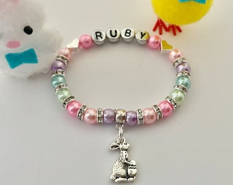 Personalised EASTER bunny rabbit bracelet kids girls boys name CHARM BRACELET present gift inc bag & tag 30+ colours