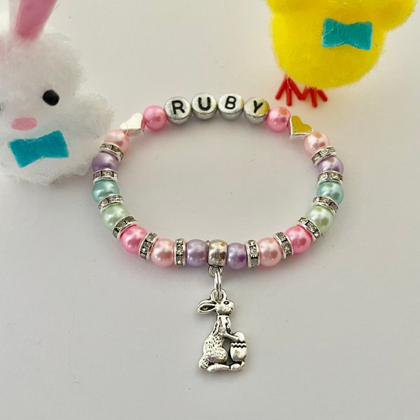 Personalised EASTER bunny rabbit bracelet kids girls boys name CHARM BRACELET present gift inc bag & tag 30+ colours