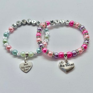 Personalised Big sister CHARM BRACELET, Biggest, Middle, Little, Baby Sister, Big Brother personalized name gift, inc bag & tag 30 colours Best big sister ever