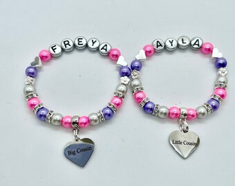 BIG COUSIN gift, personalised kids girls name, Biggest Cousin, Little Cousin, Cool Cousin CHARM bracelet, inc bag & tag, 30+ colour choices