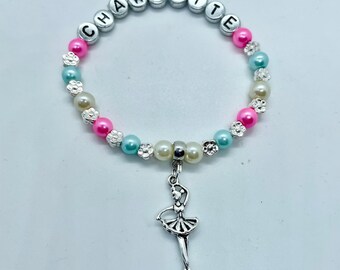 BRACCIALE CON CIONDOLO personalizzato per ballerina o ginnasta, regalo con nome per bambini, ragazze e ragazzi, borsa ed etichetta incluse, oltre 30 colori a scelta