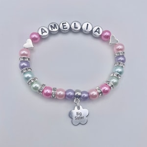 Personalised Big sister CHARM BRACELET, Biggest, Middle, Little, Baby Sister, Big Brother personalized name gift, inc bag & tag 30 colours Big sister FLOWER