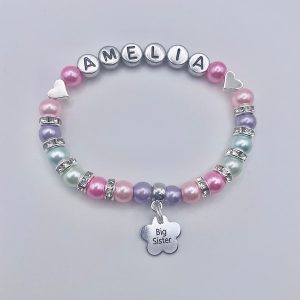 PULSERA DE ENCANTO personalizada para hermana mayor, mayor, mediana, pequeña, hermanita, regalo con nombre personalizado de hermano mayor, bolsa incluida y etiqueta de 30 colores