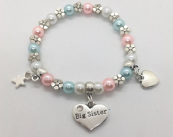 Big sister CHARM BRACELET, Big Cousin OR initial charm new baby gift present, 30+ colour choice, inc gift bag & tag