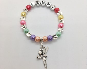 TOOTH FAIRY, Tinkerbell fairy, Moon fairy personalised charm bracelet, kids, girls boys name gift, inc bag & tag, 30+ colour choice