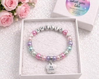 Personalised Big Sister Charm Bracelet: Glass Pearl Beads, Custom Name, gift box included