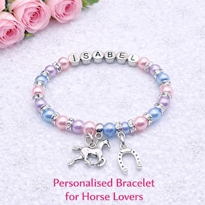 Personalised Horse Bracelet: Custom Name, glass pearl beads in any colours