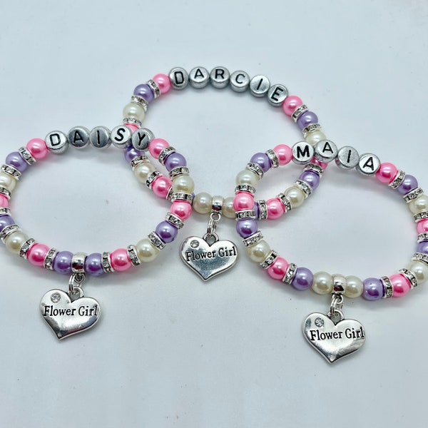 Flower girl gift, name CHARM BRACELET, personalised wedding bracelet, proposal gift, girls kids adults 30+ colours! Gift bag & tag