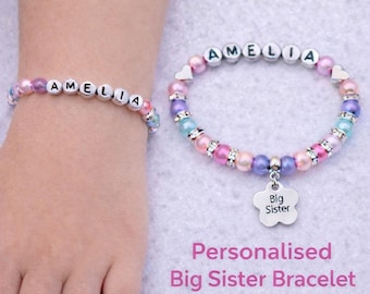 Personalised Big Sister Charm Bracelet: Glass Pearl Beads, Custom Name, gift bag included