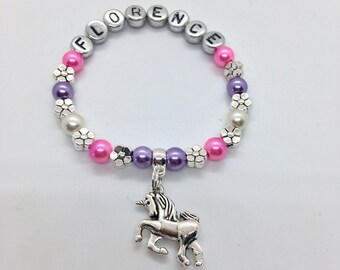 UNICORNO personalizzato per bambina con nome BRACCIALETTO CON CIONDOLO, borsa ed etichetta incluse, oltre 30 colori a scelta