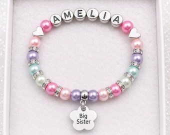 Personalised Big Sister Charm Bracelet: Glass Pearl Beads, Custom Name, gift box included