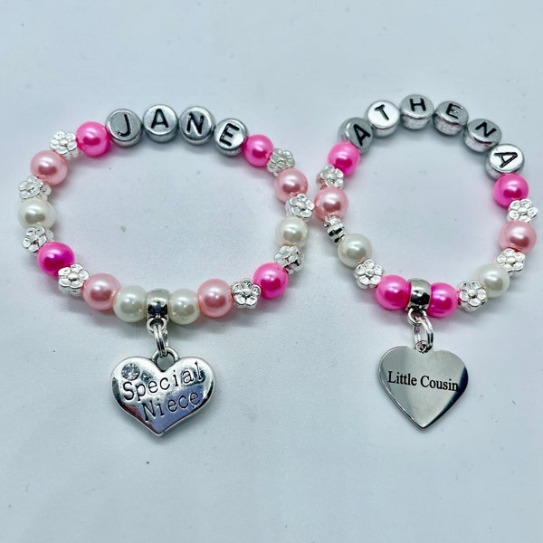 NIECE or COUSIN personalised bracelet, name gift, kids girls charm bracelet, Special niece, Cool niece inc bag & tag 30 colours