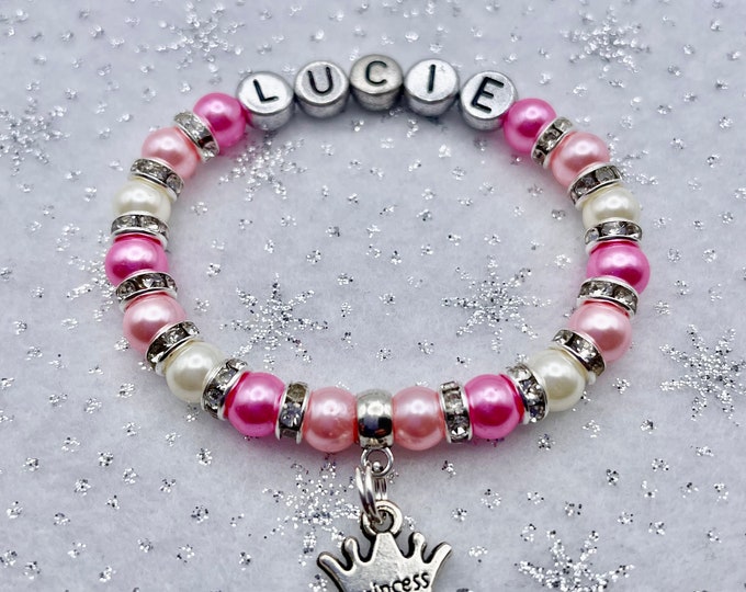 PRINCESS personalised Kids NAME charm bracelet, CROWN little girls gift inc bag & tag 30+ colour choice