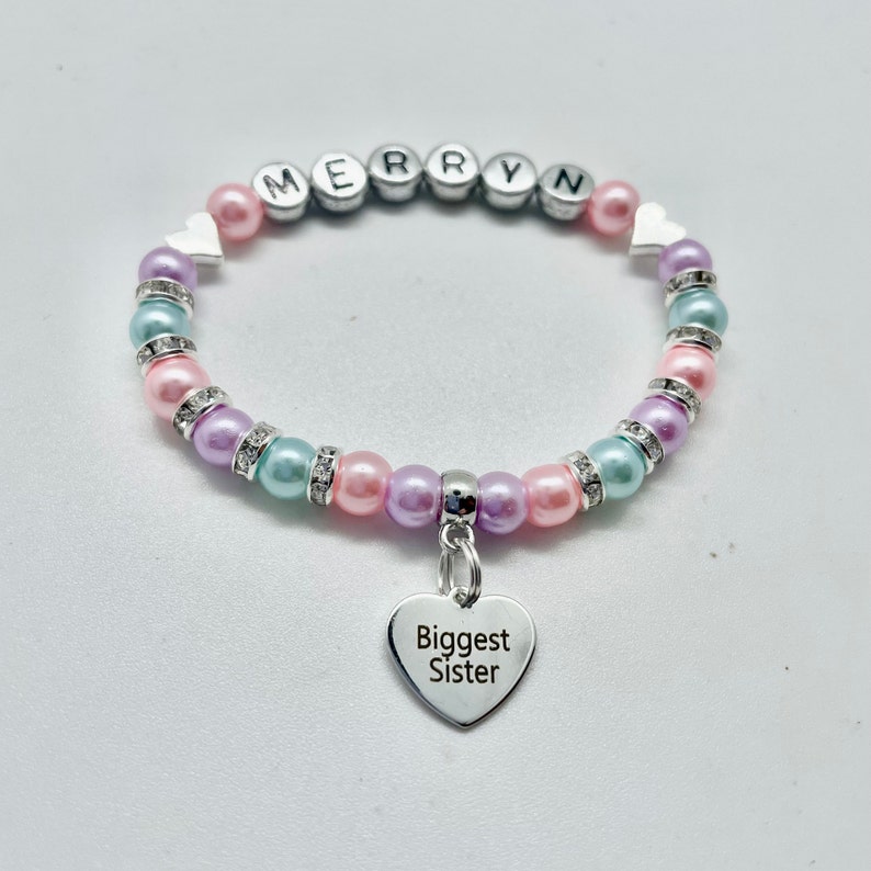 Personalised Big sister CHARM BRACELET, Biggest, Middle, Little, Baby Sister, Big Brother personalized name gift, inc bag & tag 30 colours Biggest sister heart