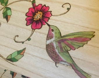 Personalised Wooden Hummingbird Jewellery box. Large keepsake box with tray. Original Pyrography Paradise burn with colour.