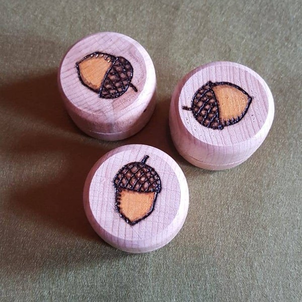 Golden Acorn wooden mini pot, pyrography trinket box. Solid beech