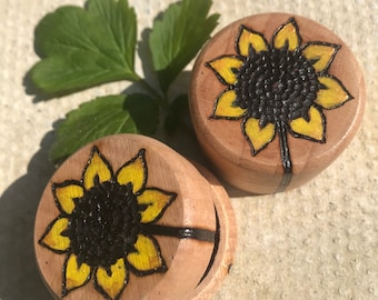 Sunflower Ring Pot, pyrography minipot, ring or trinket round mini box