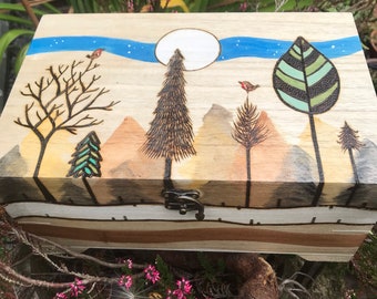 Personalised Woodland Tree Jewellery box, with compartment tray. Original Pyrography Autumnal burn with woodstain