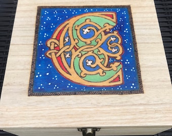 Personalised Illuminated Letter Initial Pyrography Box, Square wooden keepsake box with free inscriptions, jewellery box