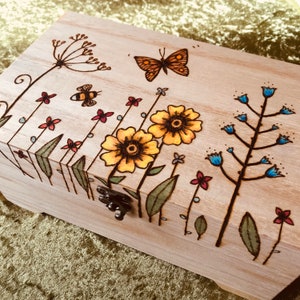Personalised wooden Wildflower Jewellery Box with removable tray, Large keepsake box with pyrography floral design
