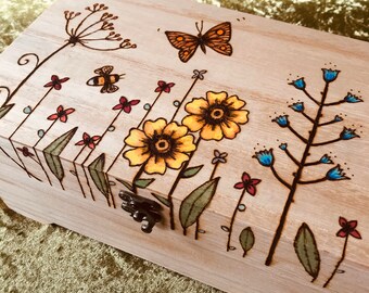 Personalised wooden Wildflower Jewellery Box with removable tray, Large keepsake box with pyrography floral design