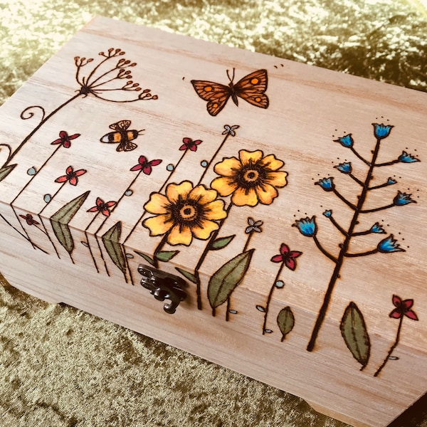 Personalised wooden Wildflower Jewellery Box with removable tray, Large keepsake box with pyrography floral design