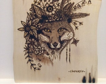 Large Festival Fox burned on sycamore wood slab for wall or freestand, pyrography art nature picture